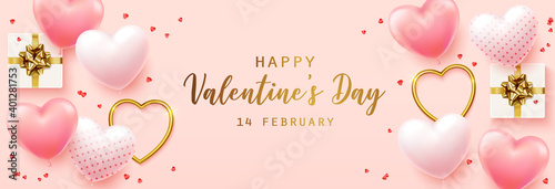 Happy Valentine's Day with calligraphy text. Horizontal banner for the website. Romantic background with realistic design elements, gift box, metal hearts, balloons in the shape of heart