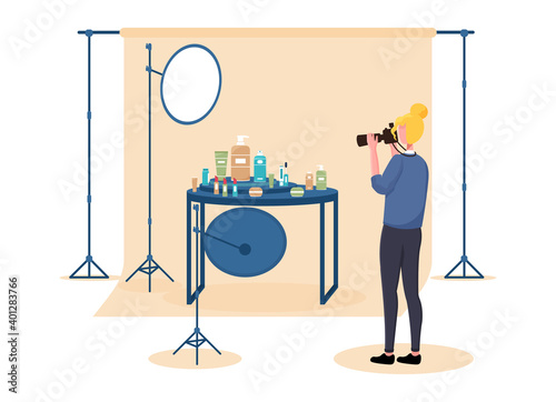 Female photographer on set doing commercial photography. Concept of professional commercial shoot with camera, lights, background and reflectors. Flat cartoon vector illustration