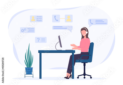 Female character with headset consulting over the phone. Concept of professional online consultation. Flat cartoon vector illustration