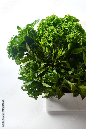Various herbs and lettuce in a bowl on white background photo