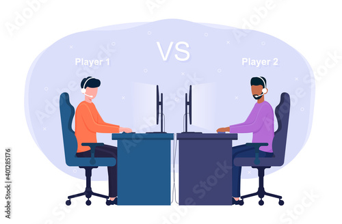 Two male characters playing one versus another video games in computer club. Concept of losing and winning in computer games. Flat cartoon vector illustration