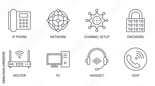 Vector Voice over IP icons. Editable stroke. IP phone router network pc channel setup configuration encoding headset multimedia VoIP photo