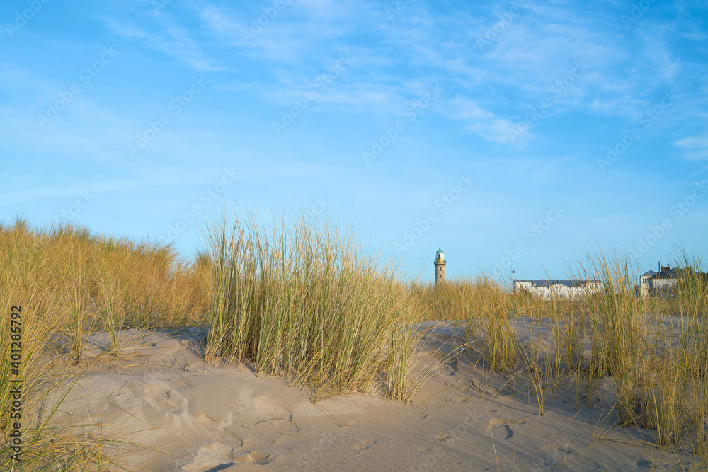 Düne am Strand von Warnemünde. Im Hintergrund der Leuchtturm. Düne am Strand von Warnemünde. Im Hintergrund der Leuchtturm.