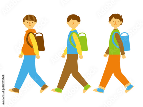 歩く小学生の男の子 セット