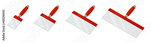 Isometric wall worker trowels isolated on white background. Colorful set of different size putty knifes vector icons. Spatula with a orange handle. Construction and scratcher tool. Vector illustration