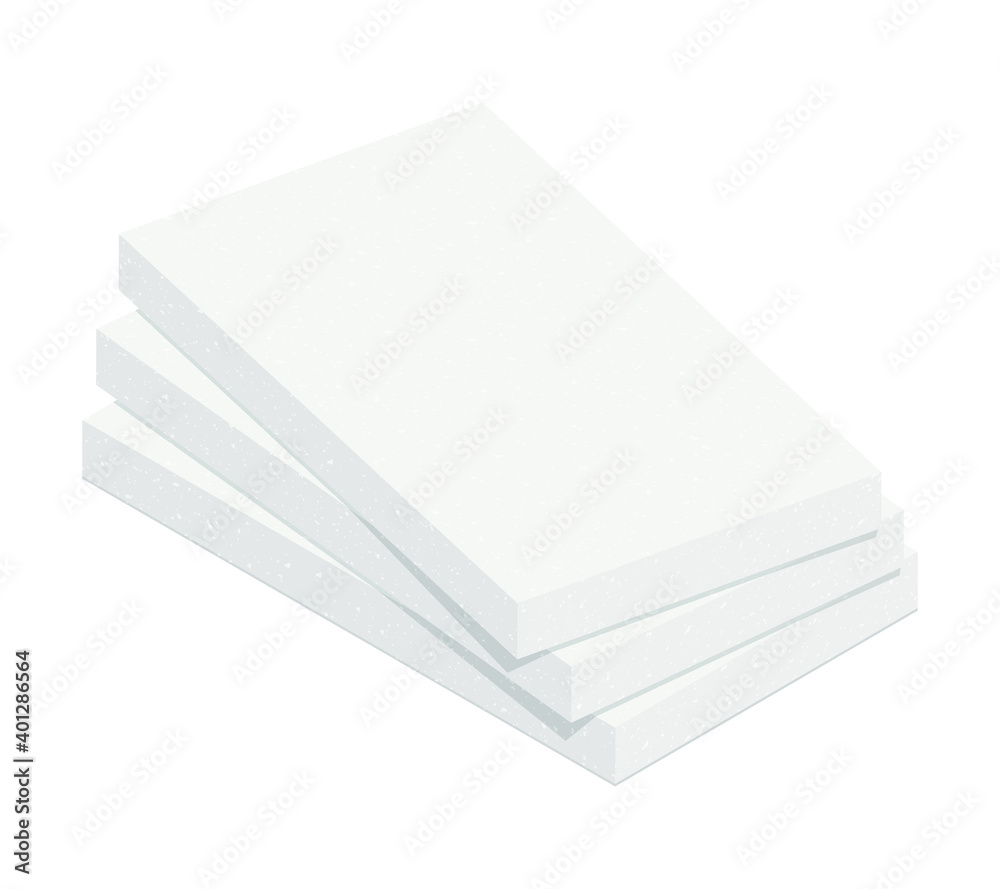 Stack of expanded polystyrene insulation material isolated on white  background. Styrofoam board flat vector icon. Vector illustration XPS  insulator for heat cold protection. 3D cartoon EPS foam sheets Stock Vector