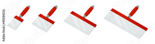 Isometric wall worker notched trowels isolated on white background. Set of different size putty knifes vector icons. Spatula with a orange handle. Construction and scratcher tool. Vector illustration.