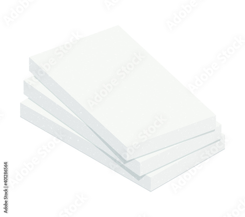 Stack of expanded polystyrene insulation material isolated on white background. Styrofoam board flat vector icon. Vector illustration XPS insulator for heat cold protection. 3D cartoon EPS foam sheets