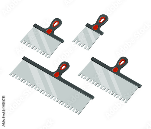 Isometric vector illustrations of wall worker notched trowels isolated on white. Different size putty knives vector icon set. Cartoon spatula with red and black plastic handle. Construction tool.