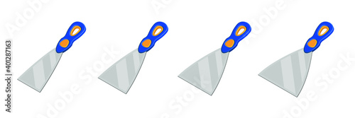 Cartoon spatula with blue and yellow plastic handle. Isometric vector illustration of wall worker trowel isolated on white. Different size putty knives vector icon set. Construction and scratcher tool