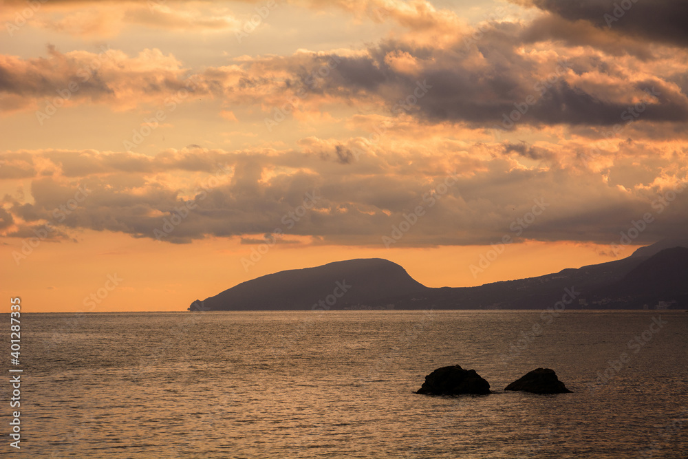 Beautiful view of the sea, rocks, clouds in the Republic of Crimea