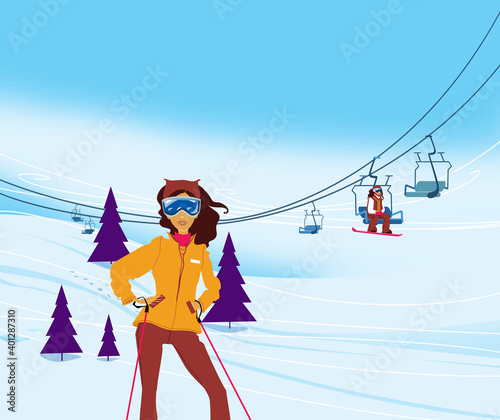 Winter vacation. Portrait of female skier standing on a ski slope at a sunny day against ski-lift on the background. Illustration