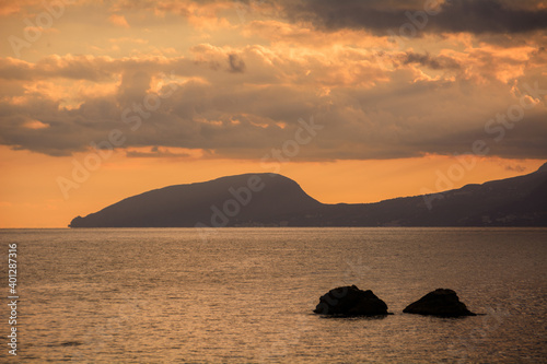 Beautiful view of the sea, rocks, clouds in the Republic of Crimea