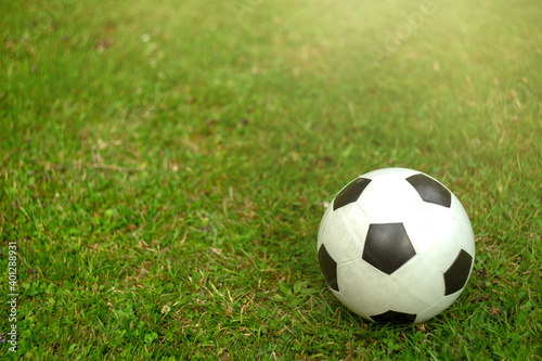 Soccer ball on a green field, place for text