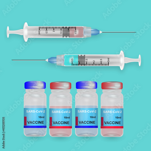 Vaccine bottle with syringe in red and blue on a light blue background. Vaccine medication and injection of syringe vaccine for covid-19. Vector illustration.