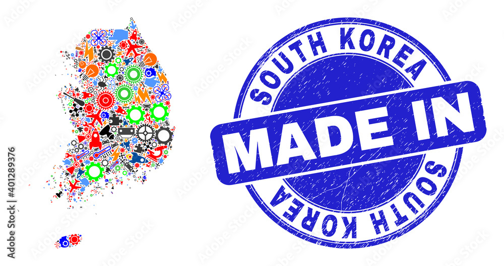 Technical South Korea map mosaic and MADE IN textured rubber stamp. South Korea map composition designed from spanners,wheels,instruments,items,vehicles,electricity sparks,details.