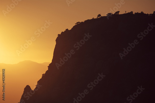 Sunset near the village Novyi Svit (New light). City district Sudak, the Republic of Crimea