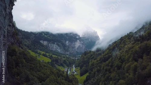 Foggy valley of Lauterbrunnen. Epic Switzerland.