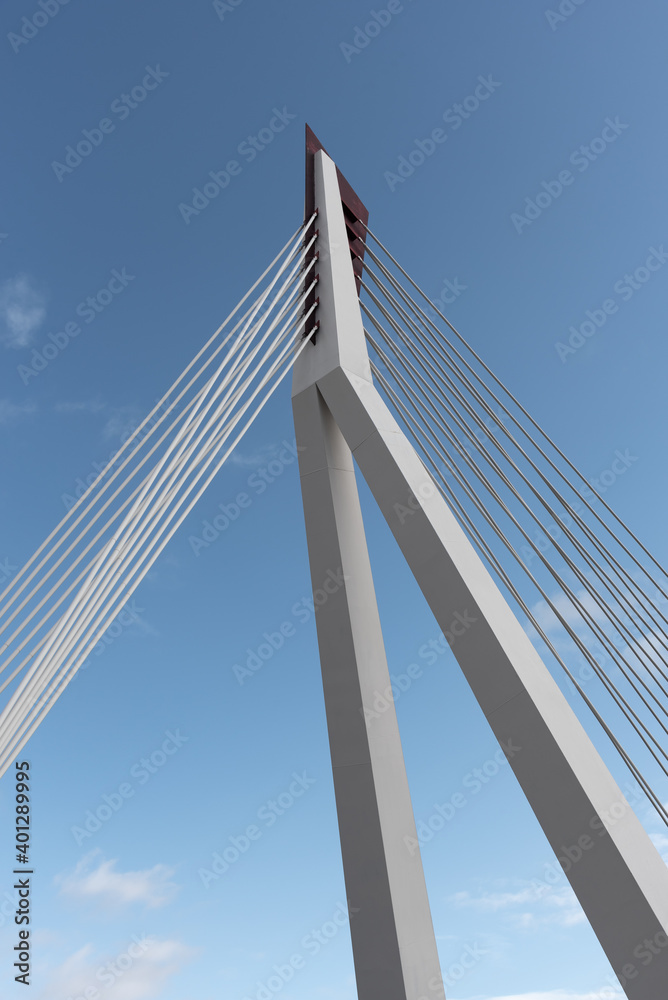 From below of white contemporary suspension bridge with high column connecting many cables together against blue sky From below of white contemporary suspension bridge with high column connecting many cables together against blue sky