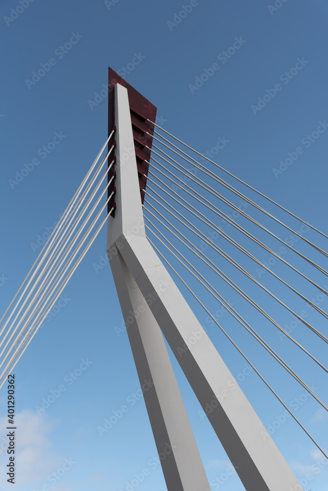 From below of white contemporary suspension bridge with high column connecting many cables together against blue sky From below of white contemporary suspension bridge with high column connecting many cables together against blue sky