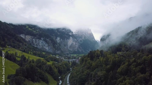 Foggy Lauterbrunnen in Switzerland in the morning.