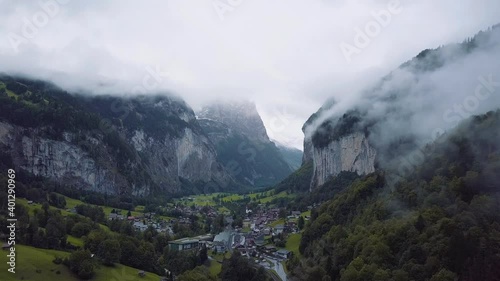 Foggy Lauterbrunnen in the morning.  Lauterbrunnen/Switzerland.