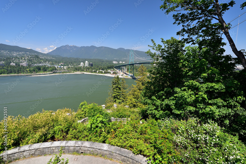 VANCOUVER, BRITISH COLUMBIA, CANADA, MAY 31, 2019: Lions Gate Bridge view from Prospect Point in Stanley Park, Vancouver, Canada