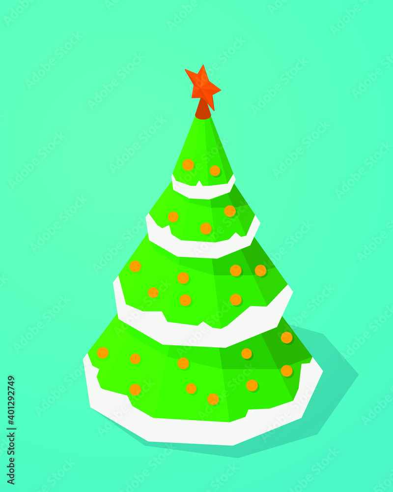 Isometric vector illustration Christmas tree with star isolated on blue background. Happy New Year or Merry Christmas flat icon. 3D Christmas tree and Happy New Year vector concept background for web.