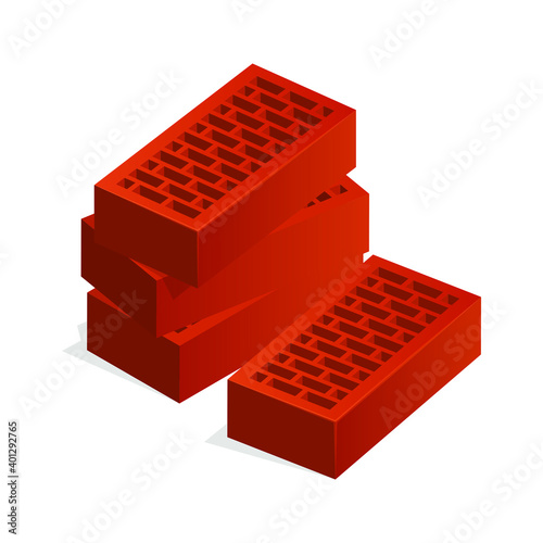 Realistic vector red brick icon illustration isolated on white. Cartoon vector flat illustration orange brick. 3D isometric vector red bricks icon for logo template, infographics and design games.