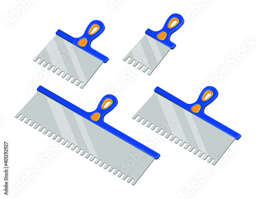 Isometric vector illustrations of wall worker notched trowels isolated on white. Different size putty knives vector icon set. Cartoon spatula with blue and yellow plastic handle. Construction tool.