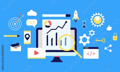 Modern flat design concept of SEO Search Engine Optimization banner for website and mobile website. Landing page template for digital advertising, search engines, online marketing. Vector illustration