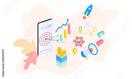 Landing page of SEO Search Engine Optimization modern flat design isometric template. Conceptual SEO analysis and optimization, SEO strategies and marketing concept vector illustration for web site. 