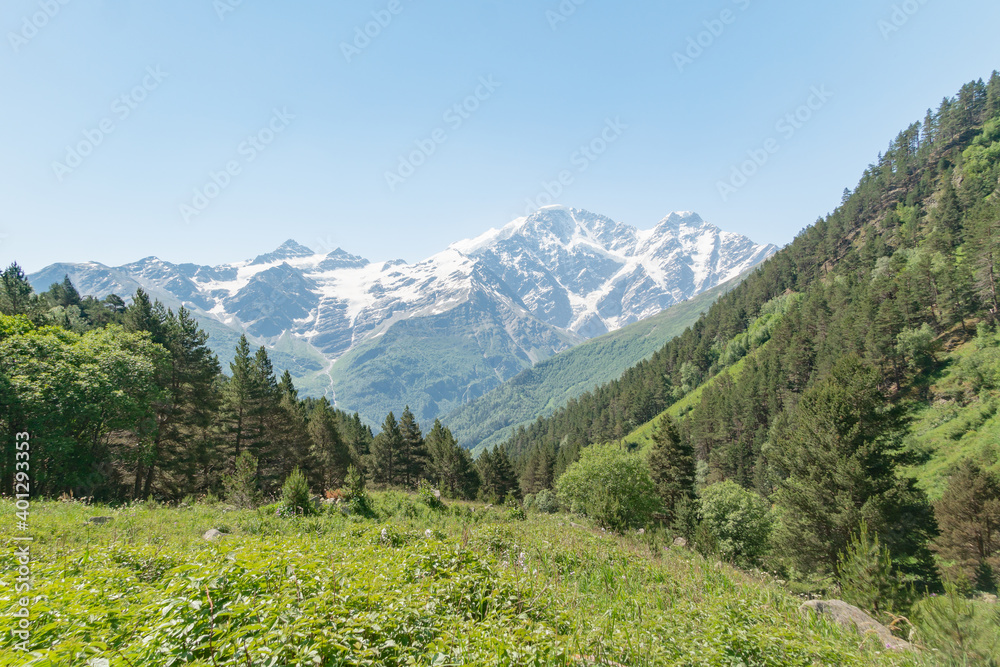 Beautiful summer panoramic landscape in mountains. Mountain valley panorama