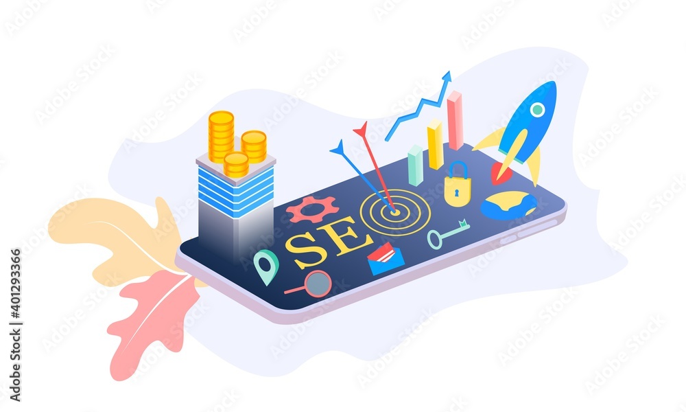 Landing page of SEO Search Engine Optimization modern flat design isometric template. Conceptual SEO analysis and optimization, SEO strategies and marketing concept vector illustration for web site. 