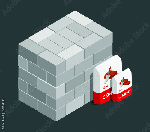 Vector illustration gray cement cinder blocks and cement bags for building and construction. Concrete cinder block icon used for masonry. 3D flat isometric vector icon concrete bricks and cement bags.