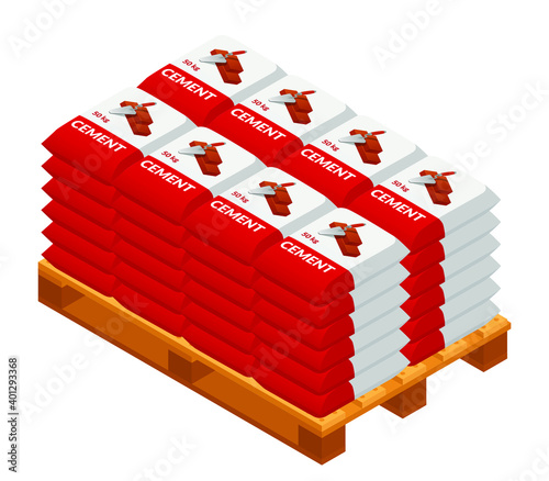 Isometric vector illustrations of cement bags on a wooden pallet isolated on white. Paper sacks vector icon. Cartoon isometric cement bags with a picture of a trowel and bricks. Building materials.