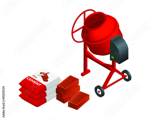 Isometric vector illustration red concrete mixer, bricks and cement bags isolated on white background. Cement mixer realistic vector icon for web. Cartoon isometric pouring cement. Building equipment.