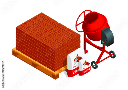 Isometric vector illustration red concrete mixer, bricks and cement bags isolated on white background. Cement mixer realistic vector icon for web. Cartoon isometric pouring cement. Building equipment.