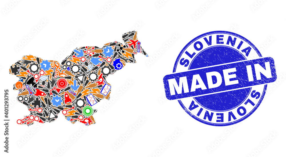Technical Slovenia map mosaic and MADE IN textured watermark. Slovenia map mosaic formed with spanners,cogs,instruments,,keys,vehicles,power strikes,details.