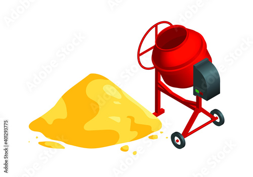 Isometric vector illustration red concrete mixer and yellow sand pile isolated on white background. Cement mixer and heap of sand realistic vector icon. Cartoon isometric pouring cement.