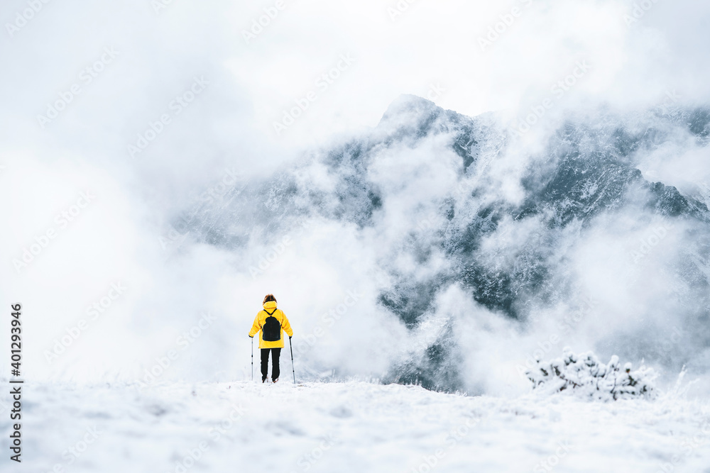 Back view of anonymous hiker with trekking poles walking on snowy ground in Pyrenees mountains in Andorra Back view of anonymous hiker with trekking poles walking on snowy ground in Pyrenees mountains in Andorra