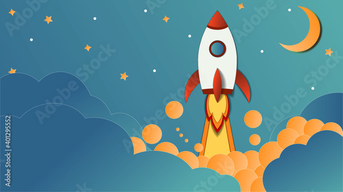 Rocket flight to distant worlds among stars and clouds
