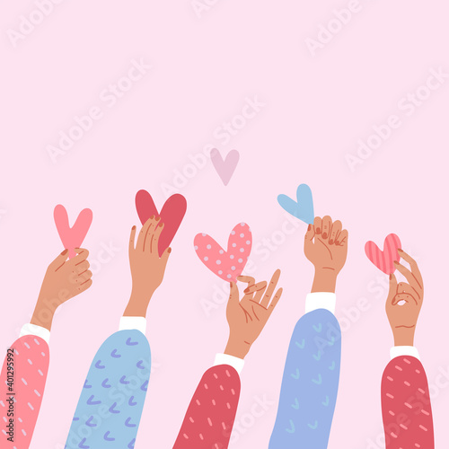 Male or female hands holding hearts. The concept of volunteering or love. St Valentine's banner. Flat vector cartoon illustration. Donations or voting poster or banner.