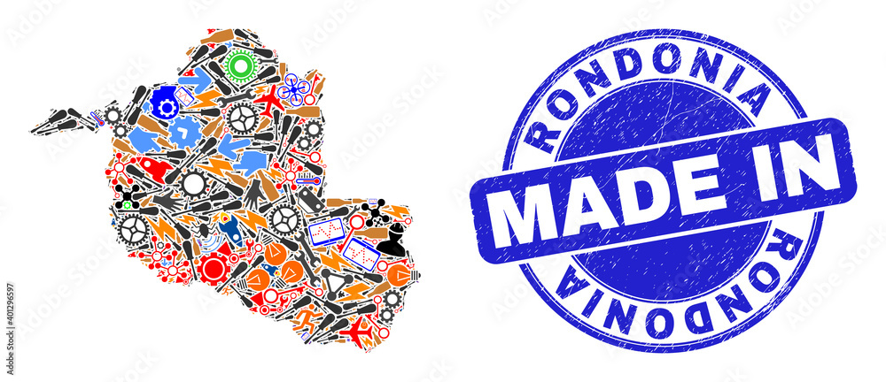 Production mosaic Rondonia State map and MADE IN scratched seal. Rondonia State map mosaic composed with wrenches,wheel,instruments,components,transports,power sparks,rockets. Production mosaic Rondonia State map and MADE IN scratched seal. Rondonia State map mosaic composed with wrenches,wheel,instruments,components,transports,power sparks,rockets.