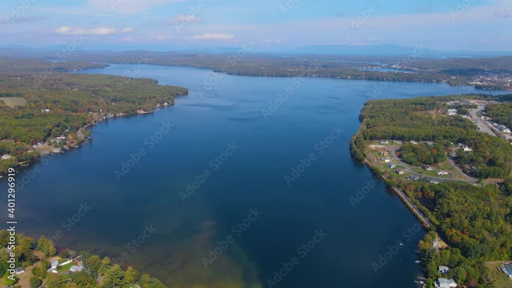 Aerial view of Lake Winnisquam and Winnisquam Sand Bar with US Route 3