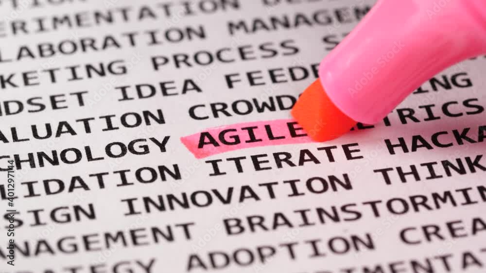 Word Agile highlighted with a pink marker. Highlighter among different Agile association terms Word Agile highlighted with a pink marker. Highlighter among different Agile association terms