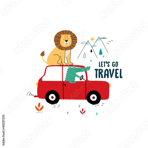 lion alligator red car text line bush leaf pine tree mountain travel woodland cloud auto wildlife tee illustration art vector