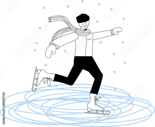 Smiling man in a down jacket, scarf and headphones skating. Winter entertainment, sport, activity. Vector funny doodle style illustration with a skating rink background