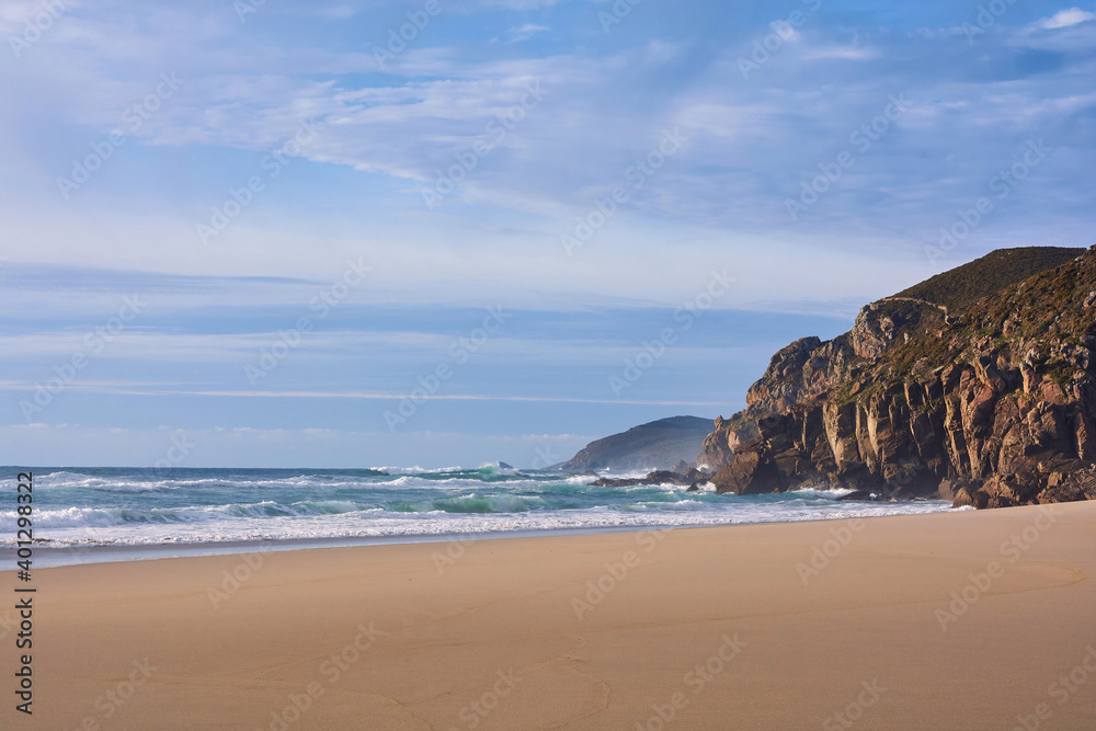 Rostro beach in Finisterre, Galicia, Spain. This wild beach and one of the surfer's paradises in the region of Costa da Morte