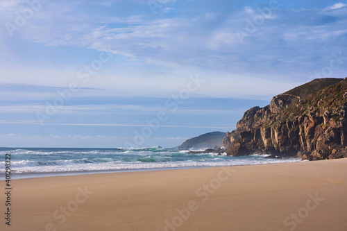 Rostro beach in Finisterre, Galicia, Spain. This wild beach and one of the surfer's paradises in the region of Costa da Morte